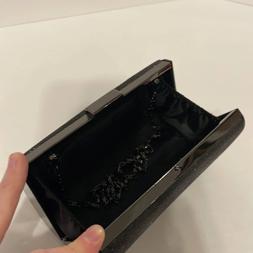 Clutch Purse Black Sparkle with Hideaway Metal Fancy Shoulder Strap. - Picture 4 of 9